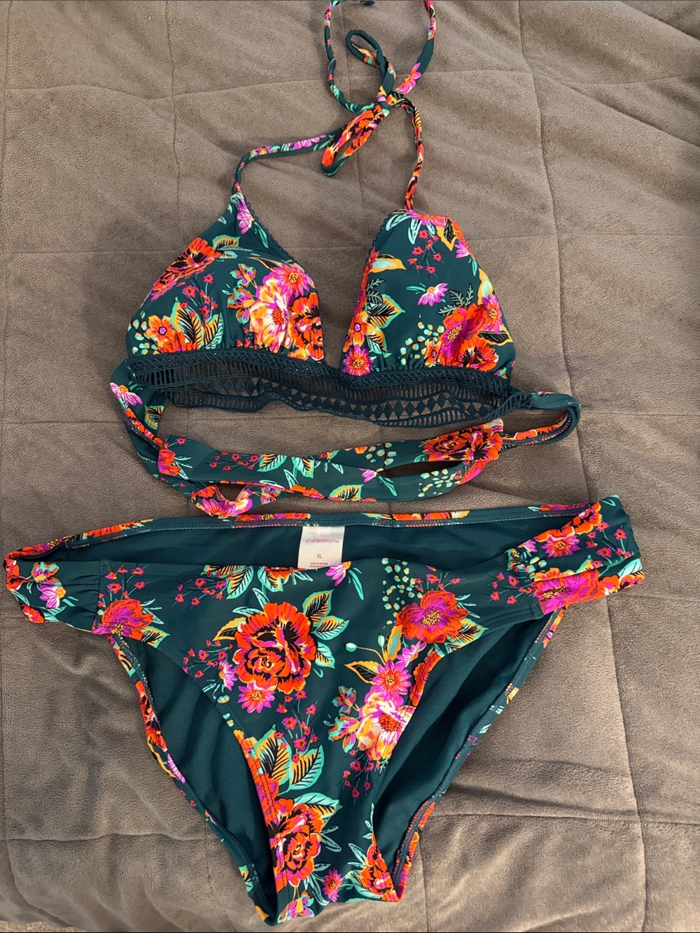 Xhilaration Teal Floral Bikini Set with Pink & Orange Flowers Top M Bottom XL